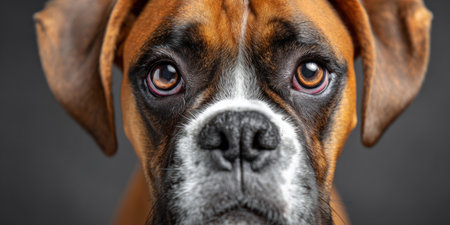 Beautiful Boxer Dog Expressing Affection with Charming Eyes and Pout Against a Clean Grey Backgroundの素材