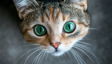 Close-Up Portrait of a Domestic Shorthair Cat with Mesmerizing Green Eyes and Unique Featuresの素材