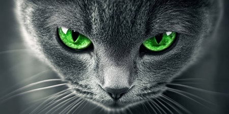 Elegant gray cat with piercing green eyes, gazing intently, showcasing feline beauty and grace.の素材