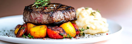 Delicious Grilled Beef Tenderloin Served on a Bed of Creamy Mashed Potatoes with Roasted Carrotsの素材