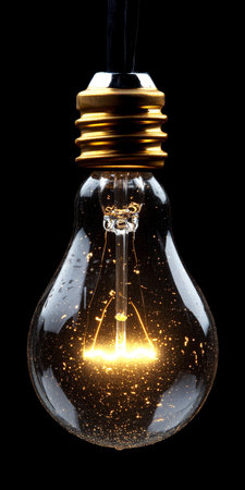 Glowing Lightbulb Symbolizing Innovation and Creative Thinking on Black Background for Ideasの素材