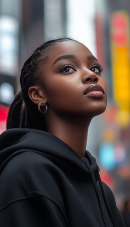 Confident Young Woman in Black Against New York City Skyline, Exuding Strength and Inspirationの素材
