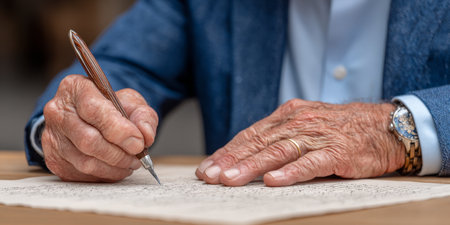 Elderly Man Signing Legal Document with Fountain Pen, Showcasing Wrinkles, Wisdom, and Experienceの素材