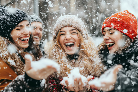 Joyful winter frolic with friends enjoying the falling snow, laughter, and warmth of the seasonの素材