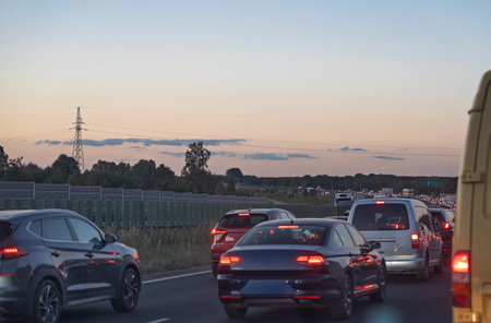 Traffic Congestion on the Highway During Twilight, Evening Commute, Transportationの写真素材