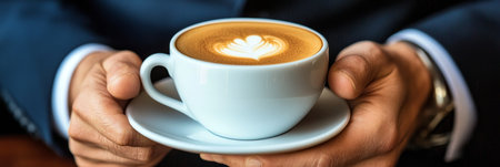 Professional man enjoying coffee with latte art, taking a mindful break in a busy office setting.の素材