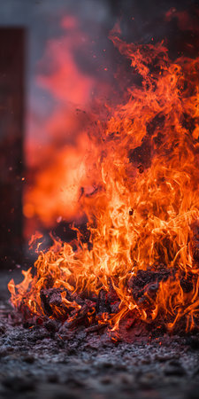 Intense Flames Erupting from a Fire Pit at Night, Illuminating the Surrounding Darkness with Heatの素材