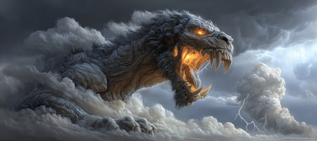 Ferocious Cloud Beast, an Angry Storm Monster with Fiery Yellow Eyes in an Ominous Dark Skyの素材