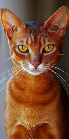 Stunning Red Brown Abyssinian Cat Portrait with Captivating Green Amber Eyes on Grey Backgroundの素材