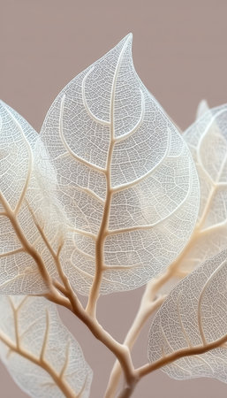 Graceful Still Life Composition Featuring Translucent Skeleton Leaves on a Soft Beige Backgroundの素材