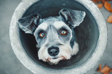 Charming Grey Miniature Schnauzer with Bright Eyes Posing Cutely Against a Soft Background Settingの素材