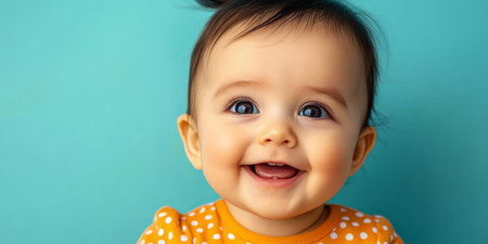 Adorable Infant Smiles Sweetly while Gazing Upwards, Illuminated Face on Teal Backgroundの素材