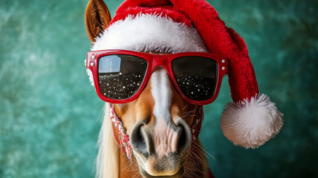 Festive Horse Celebrating the Yuletide Season in a Hipster Santa Claus Hat for Christmas Funの素材