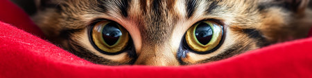 Captivating Portrait of a Bengal Cat with Striking Golden Eyes Peeking from a Cozy Red Blanketの素材