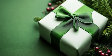 Beautifully Wrapped Christmas Gift with Green Satin Ribbon, Evergreens, and Festive Holiday Bowの素材