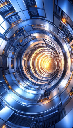 Futuristic Circular Tunnel with Metallic Walls and Glowing Elements in a High-Tech Environmentの素材