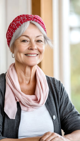 Resilient Elderly Woman in Headscarf Smiling Brightly, Embracing Life with Hope and Strengthの素材