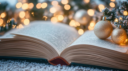 Cozy Open Book Surrounded by Twinkling Christmas Lights and Festive Decorations for the Holidaysの素材