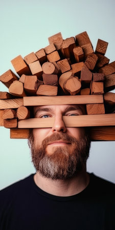 Surreal Portrait of Individual with Wooden Plank Hair in Darkness, Abstract Conceptual Photographyの素材