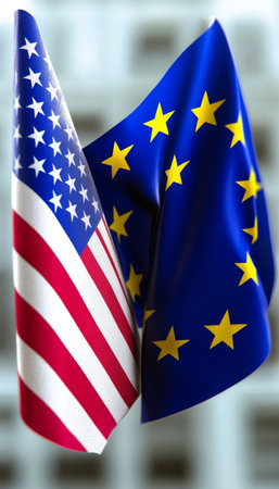 United States and European Union flags waving together, symbolizing partnership and global unity.の素材