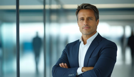 Confident Middle Aged European Businessman in Suit Discussing Future Company Goals and Investmentsの素材