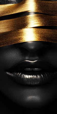 Mysterious Female Portrait with Gold Bands Over Eyes, Surreal Face and Creative Metallic Makeupの素材
