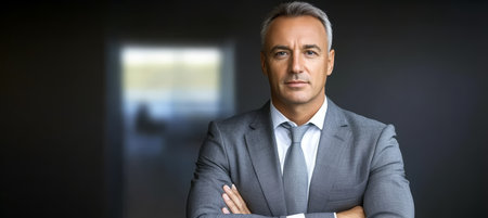 Confident businessman in a gray suit looking forward, arms crossed, exuding professionalism.の素材