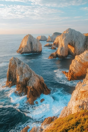 Stunning Coastal Landscape Featuring Majestic Rock Formations, Waves, and a Serene Sunset Sky Viewの素材