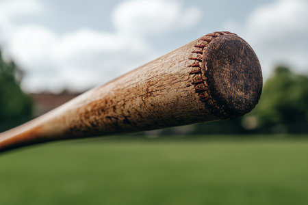Close Up View of a Wooden Baseball Bat Resting on the Grass at a Sunny Outdoor Sports Fieldの素材