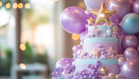 Pastel birthday celebration centerpiece with a star cake, balloons, and festive table sweets.の素材