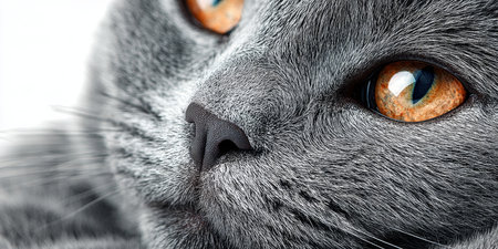 Charming Close-Up of a Blue British Shorthair Cat with Luxurious Fur and Striking Eyes in Focusの素材