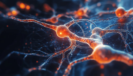 Illustration of Neural Network Connections in Brain Activity and Biological Cell Interactionsの素材