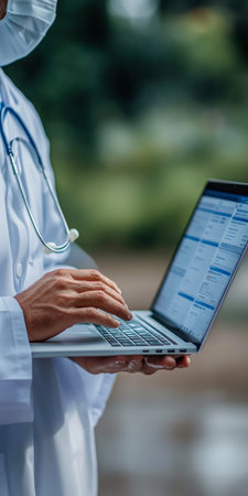 Dedicated Medical Assistant Typing Patient Information While Healthcare Practitioner Reviews Dataの素材