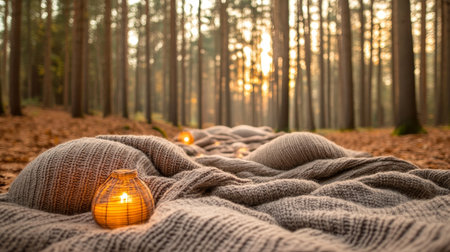Cozy Autumn Gathering with Candlelight Serenity in Nature for Relaxing Leisure Time Outdoorsの素材