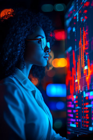 Professional woman wearing glasses analyzes dynamic stock market graphs on a modern computer screen.の素材