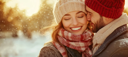 Couple Embracing on Snowy Streets During Romantic Winter Vacation, Wearing Warm Woolen Garmentsの素材