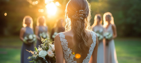 Stunning Back View of Bride at Outdoor Wedding Ceremony with Sunset, Bridesmaids with Bouquetsの素材