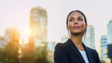 Confident businesswoman looking towards the future with determination in an urban landscape settingの素材