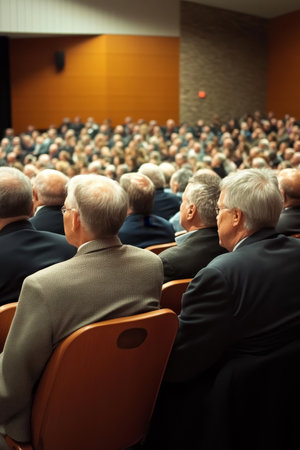 Senior Citizens Engaging in Discussions at a Community Conference on Wellness and Retirement Issuesの素材