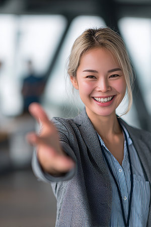 Optimistic young businesswoman warmly greets a client with professional charm in a modern office.の素材
