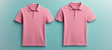 Two Stylish Pink Polo Shirts Displayed on a Soft Blue Pastel Background with Space for Your Textの素材