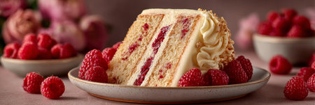 Delicious Raspberry Almond Cake Slice on Elegant Plate, Topped with Almond Icing and Fresh Berriesの素材
