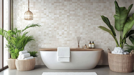 Elegant Modern Bathroom Interior Featuring a Stylish Bathtub Surrounded by Green Plants and Decorの素材