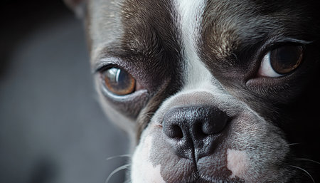 Adorable Boston Terrier Portrait with Piercing Gaze on Soft Gray Canvas, Captivating Canine Charmの素材