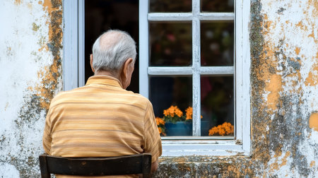Elderly Man Sitting by Window, Reflecting on Memories and Life Experiences in Peaceful Solitudeの素材