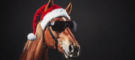 Humorous Scene of a Reindeer Dressed as Santa with Sunglasses, Posing on a Grey Backgroundの素材