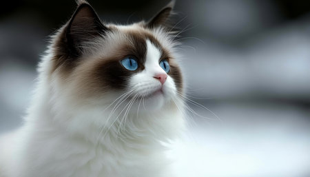 Charming Ragdoll Cat Portrait With Deep Blue Eyes Against a Beautiful Blurry Garden Backgroundの素材