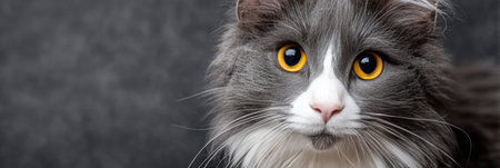 Charming Norwegian Forest Cat with Beautiful Green Eyes Posing Gracefully Against a Gray Backgroundの素材