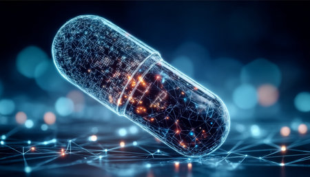 A Digital Capsule Symbolizing Innovations in Pharmaceuticals and Advanced Medical Solutions Todayの素材