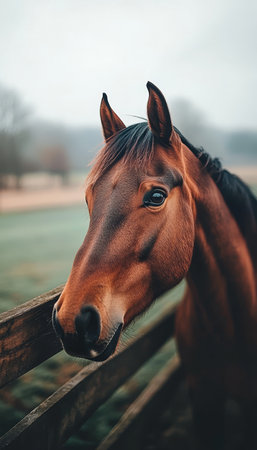 Serene Brown Horse Gazes Calmly Over Foggy Meadow Fence, Capturing the Essence of Tranquility.の素材